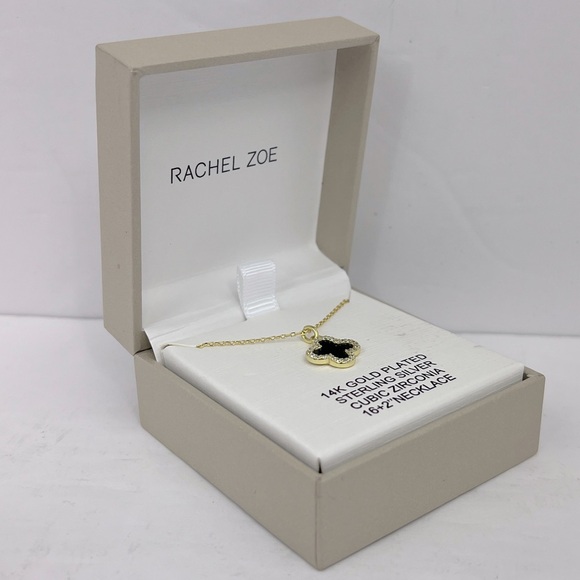 RACHEL ZOE,STERLING SILVER 18KT GOLD PLATED BLACK CLOVER NECKLACE,CUBIC ZIRCONIA - Picture 2 of 15